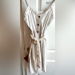 SO, Striped Cream Button-Front Summer Dress with Rope Belt